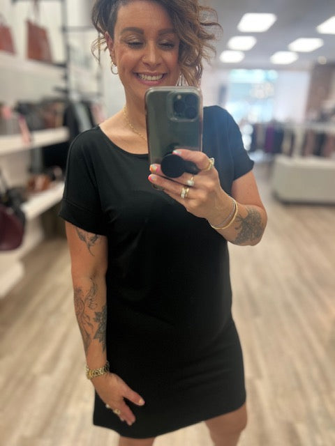 Rolled Short Sleeve Dress in Black with POCKETS