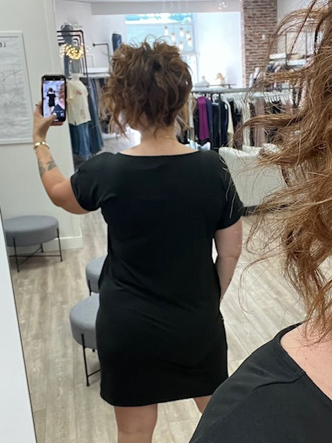 Rolled Short Sleeve Dress in Black with POCKETS