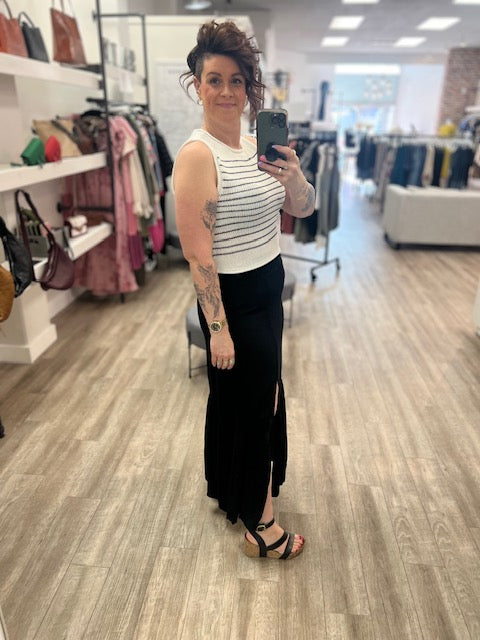 Tiered Maxi Skirt with Slit in Black