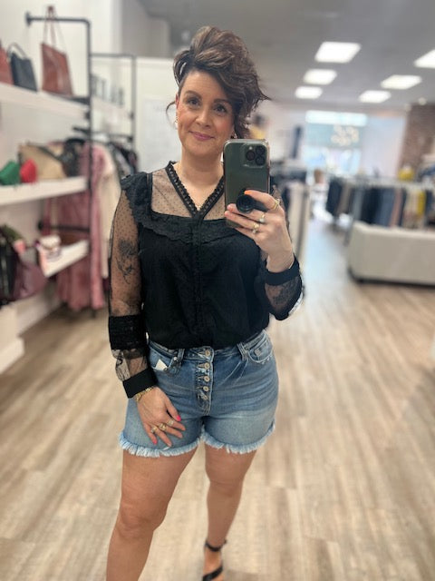Button Down Polka Dot Sheer Ruffled Blouse in Black