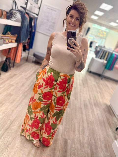 Tropical Bloom Palazzo Pants in Natural