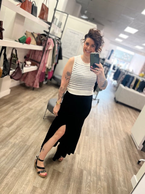 Tiered Maxi Skirt with Slit in Black
