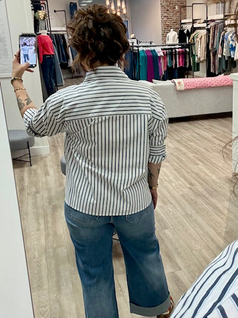 Harbour Stripe Button Up Hi-Low Shirt in White