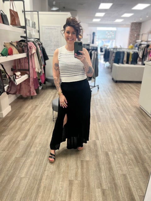 Tiered Maxi Skirt with Slit in Black