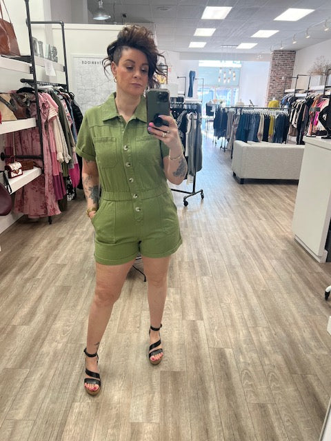 Button Front Cotton Romper in Light Olive