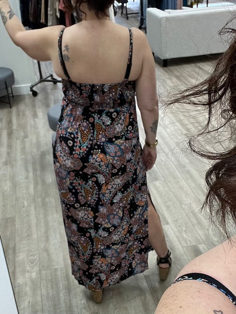 Floral Spaghetti Strap Lace Trim Maxi Dress in Black/Light Blue