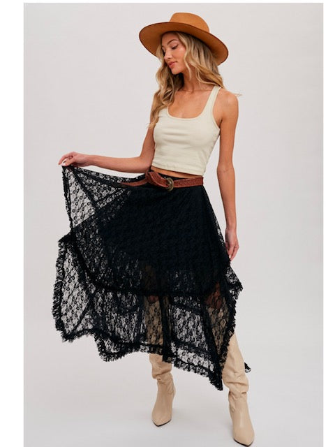 Lace Tier Midi Skirt in Black
