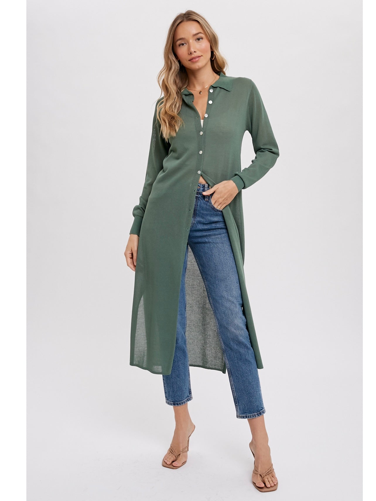 Longline Knit Shirt Top in Sage