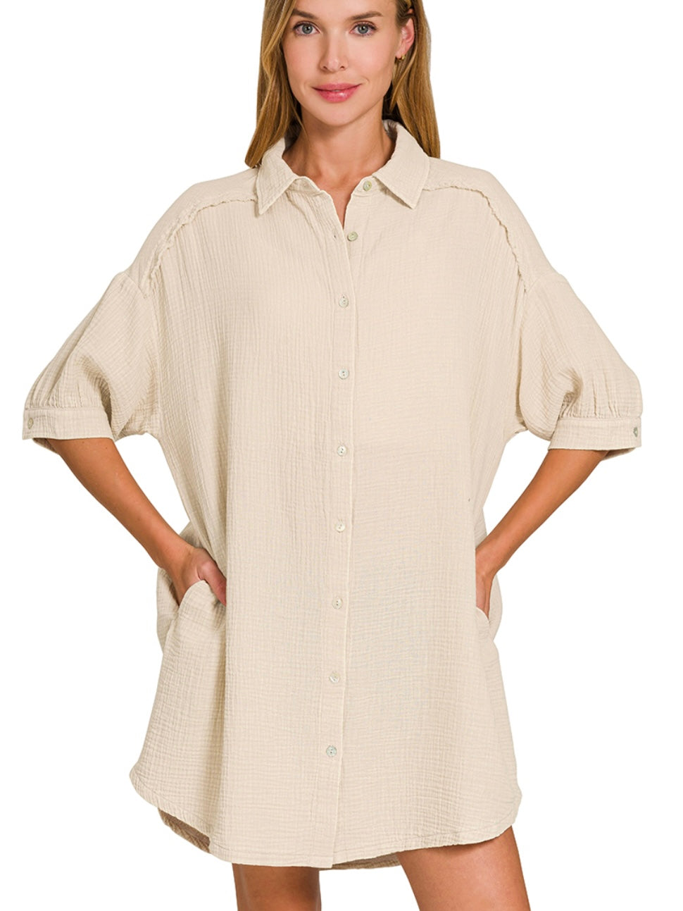 Washed Double Gauze Button Down Shirt Dress in Sand Biege