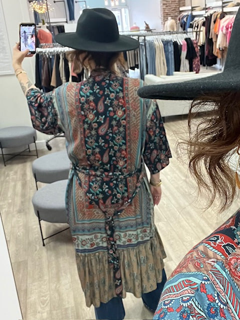Paisley Floral Belted Maxi Kimono in Teal/Navy