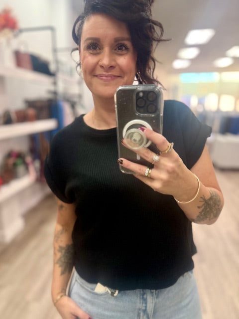 Short Sleeve Crew Neck Sweater in Black