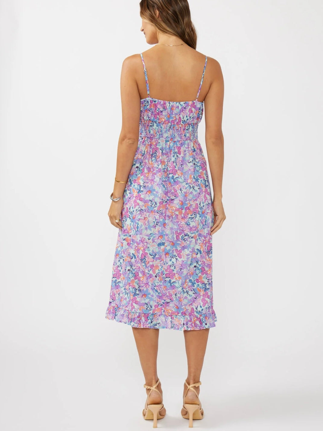 Spaghetti Strap Gathered Bust Midi Dress in Light Blue/Plum