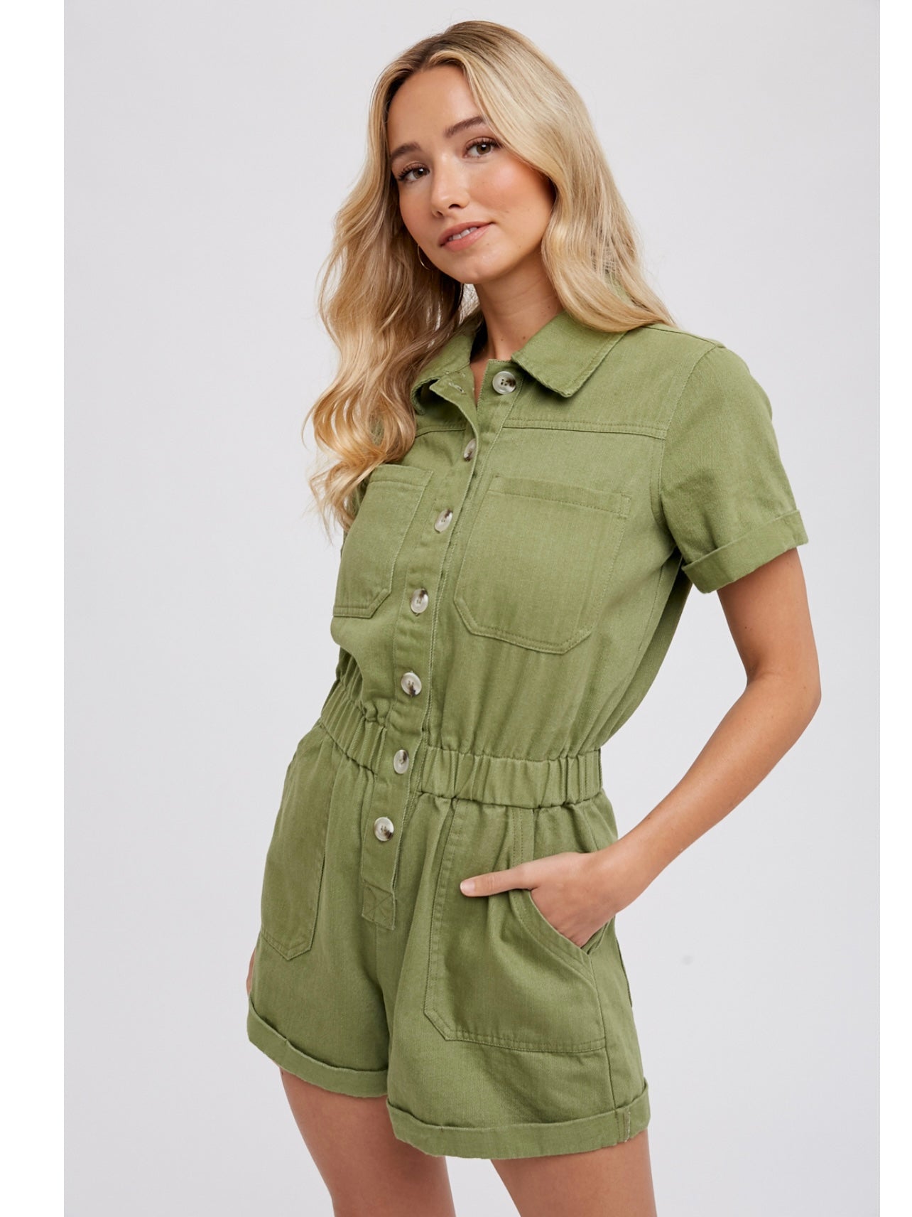 Button Front Cotton Romper in Light Olive