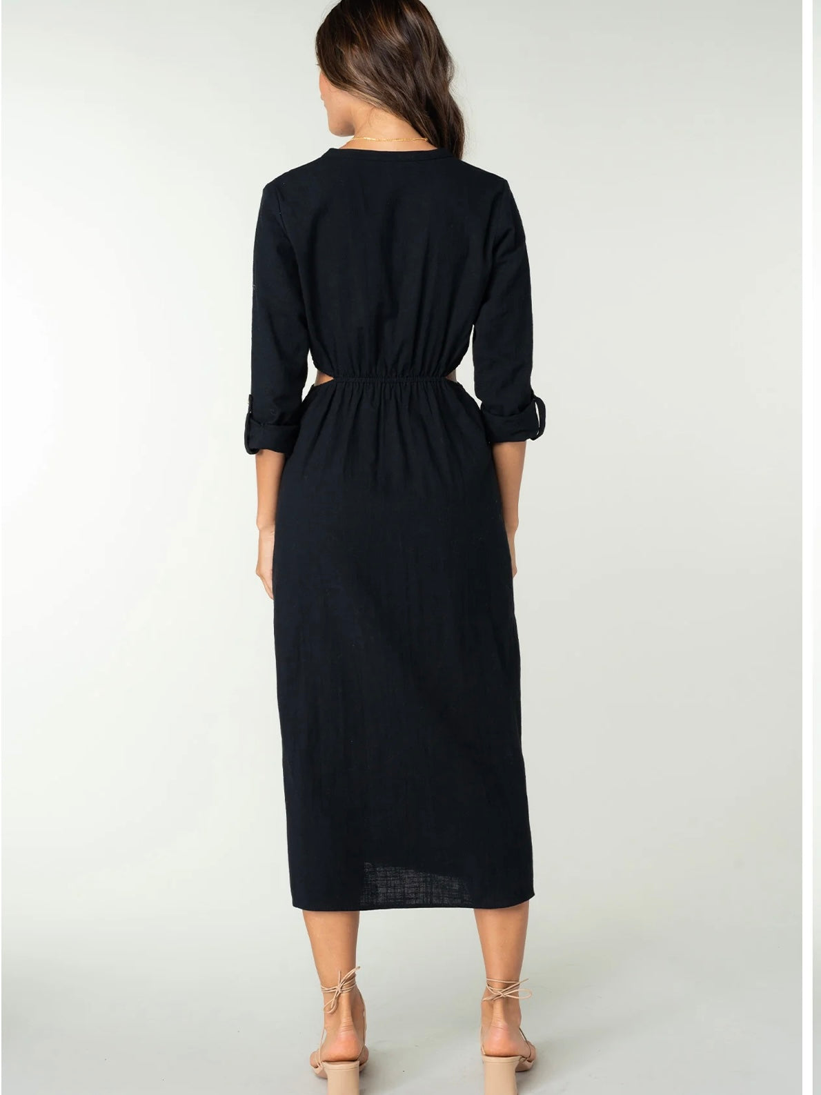 3/4 Sleeve Button Down Cut Out Midi Dress in Black