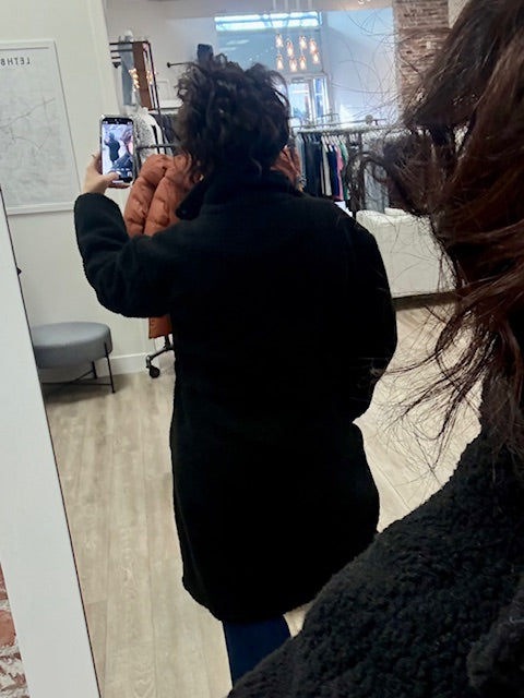 Mila Long Sherpa Jacket with Drawstring Waist in Black