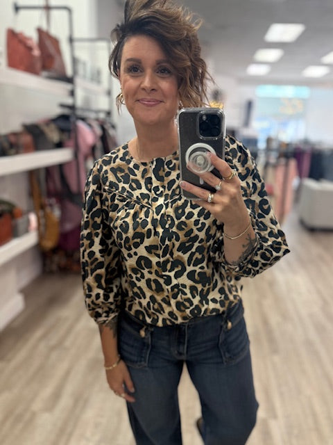 Animal Print Puff Sleeve Button Down Shirt in Almond