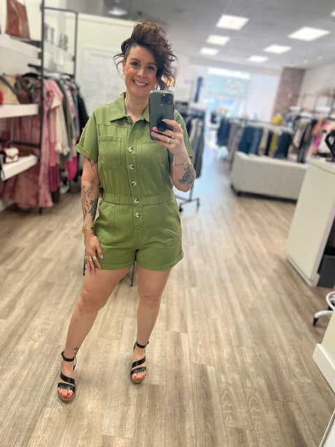 Button Front Cotton Romper in Light Olive
