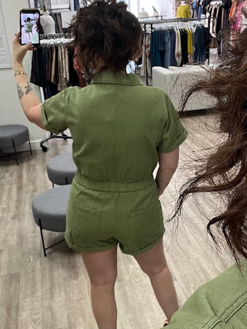 Button Front Cotton Romper in Light Olive