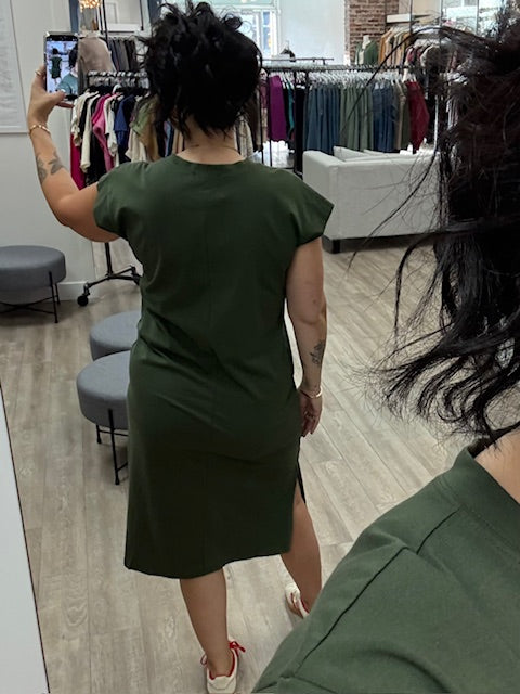 Round Neck Short Sleeve Midi Dress in Dark Olive