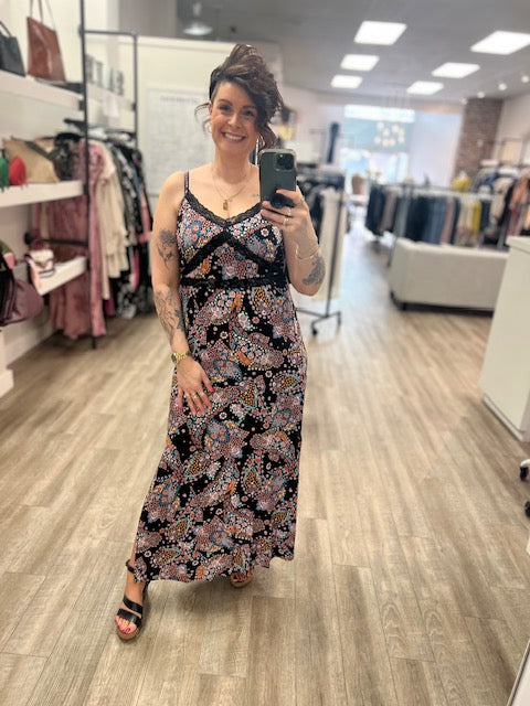 Floral Spaghetti Strap Lace Trim Maxi Dress in Black/Light Blue