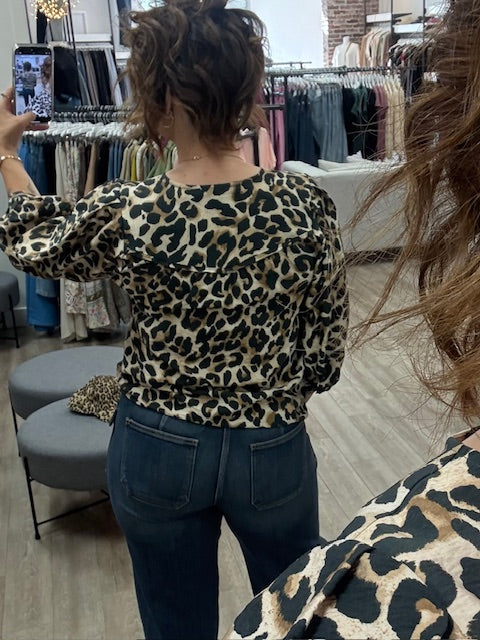 Animal Print Puff Sleeve Button Down Shirt in Almond