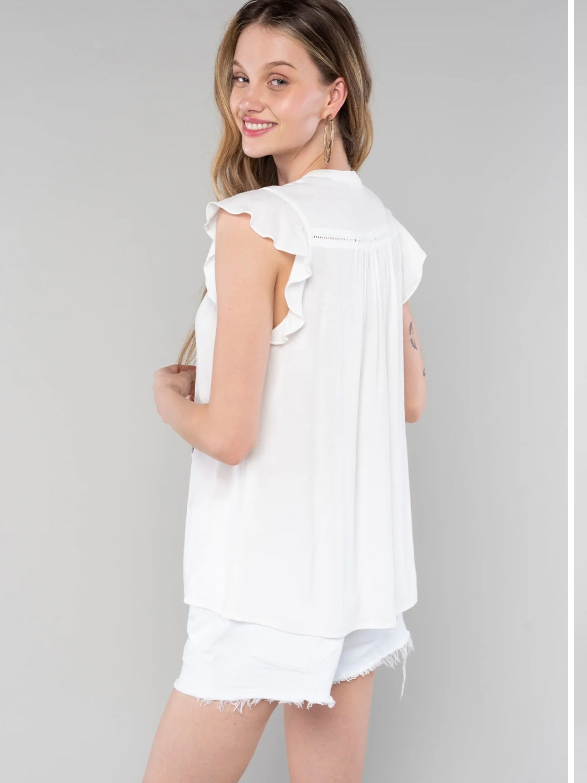 Flutter Cap Sleeve Button Down Tie Neck Blouse in Vanilla