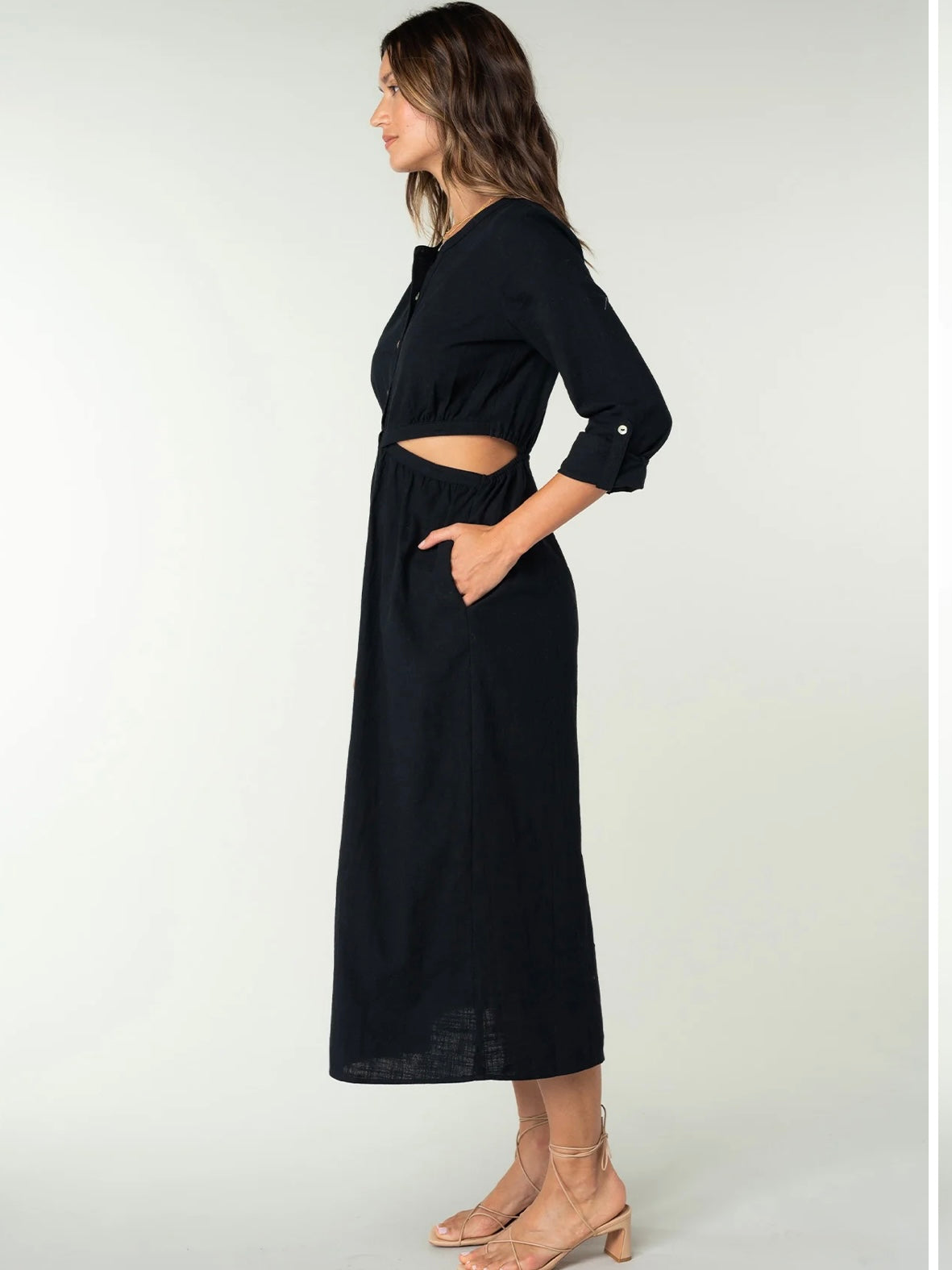 3/4 Sleeve Button Down Cut Out Midi Dress in Black