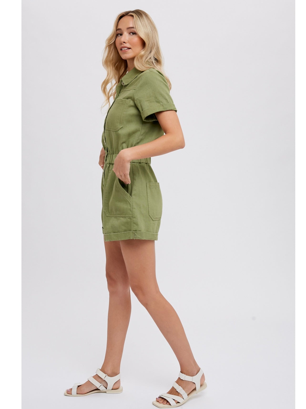 Button Front Cotton Romper in Light Olive