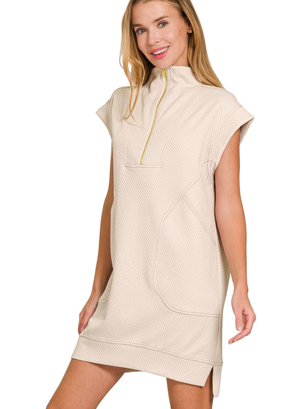 Textured Quarter Zipper Dress in Sand Beige