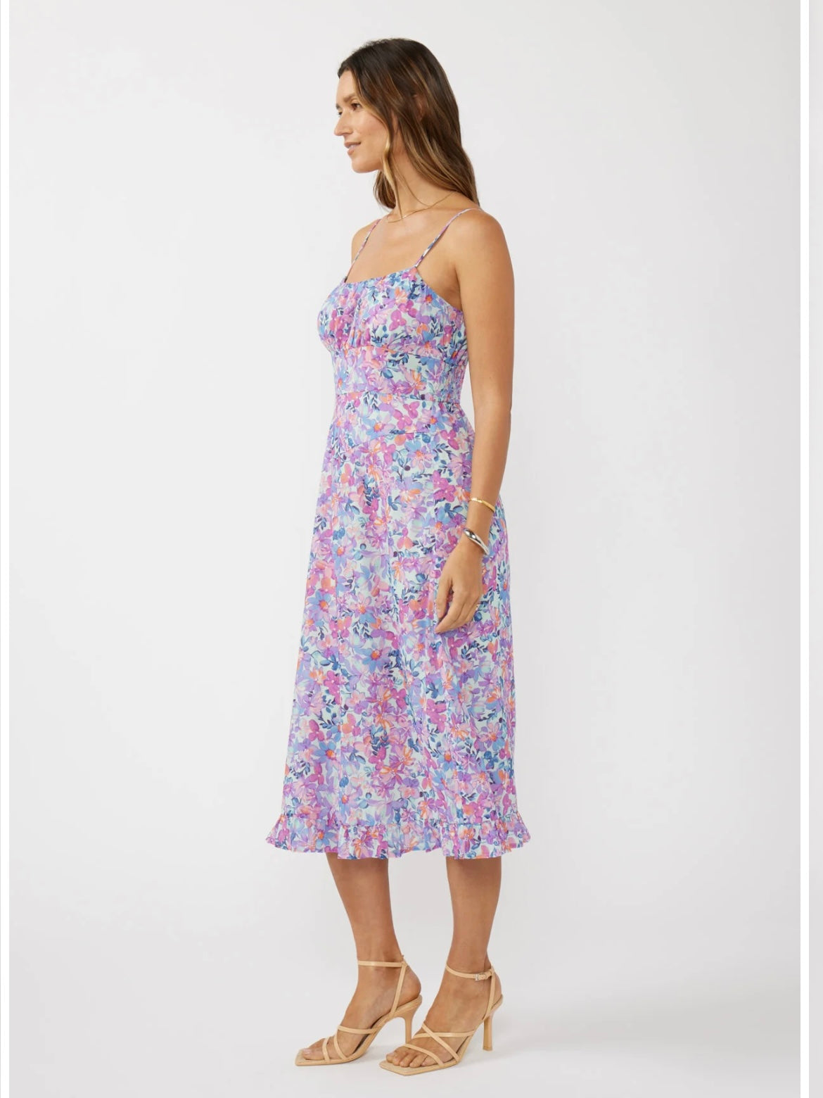 Spaghetti Strap Gathered Bust Midi Dress in Light Blue/Plum
