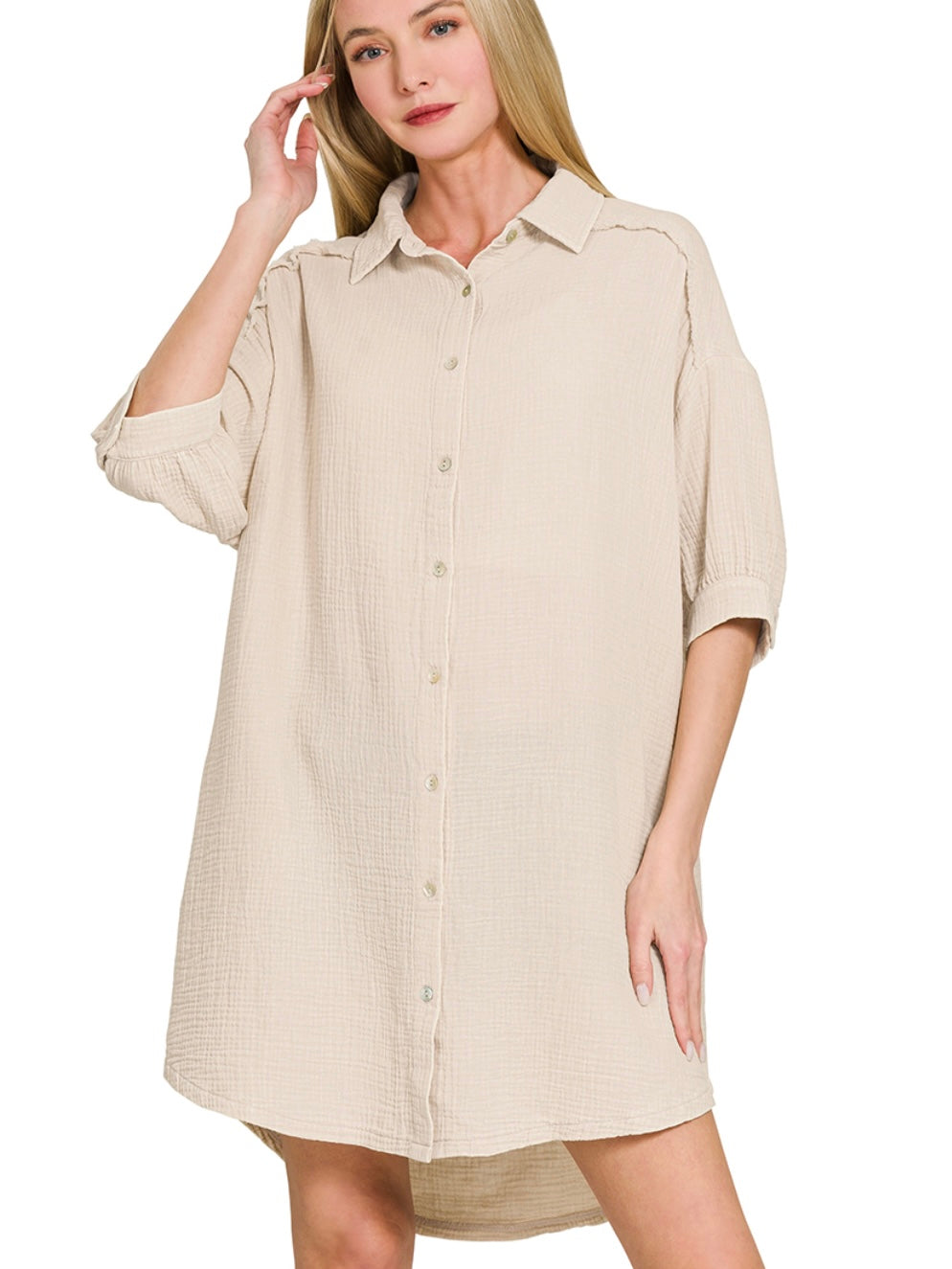 Washed Double Gauze Button Down Shirt Dress in Sand Biege