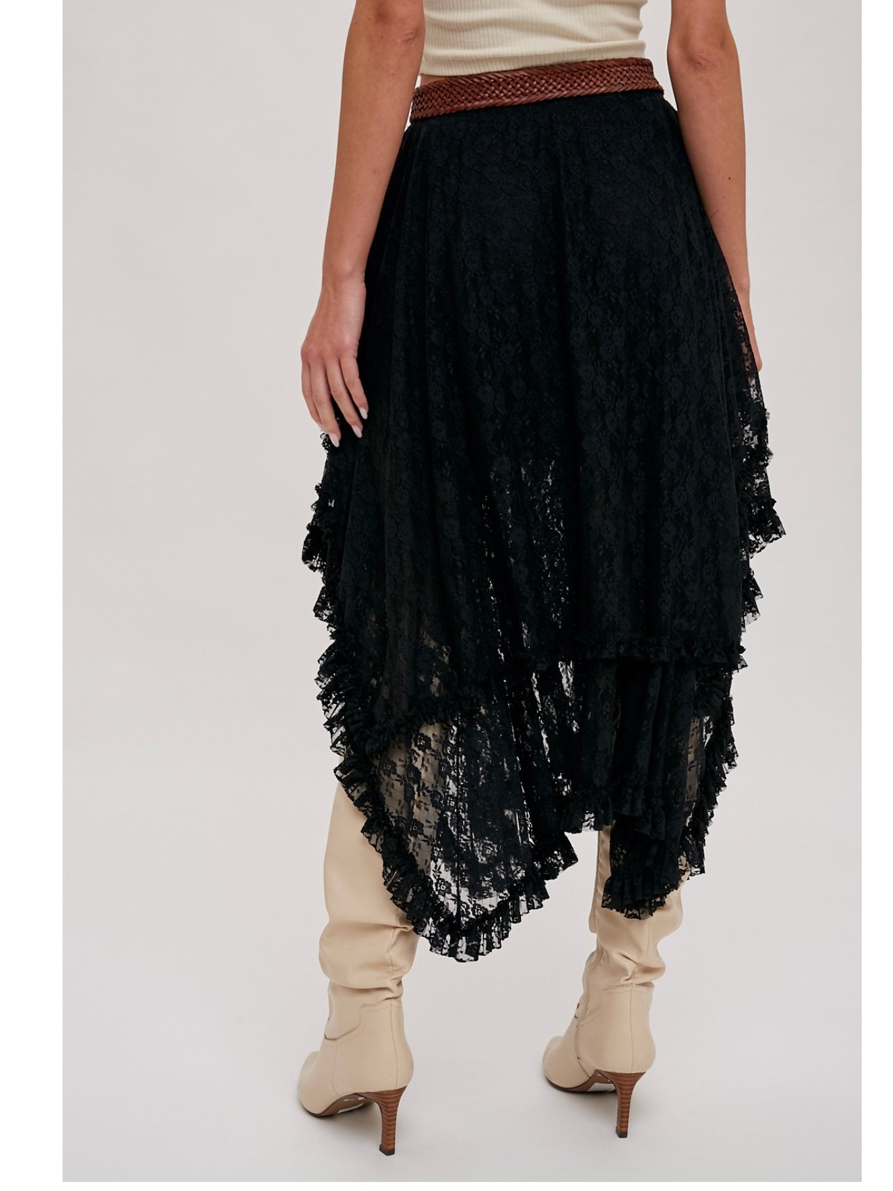 Lace Tier Midi Skirt in Black