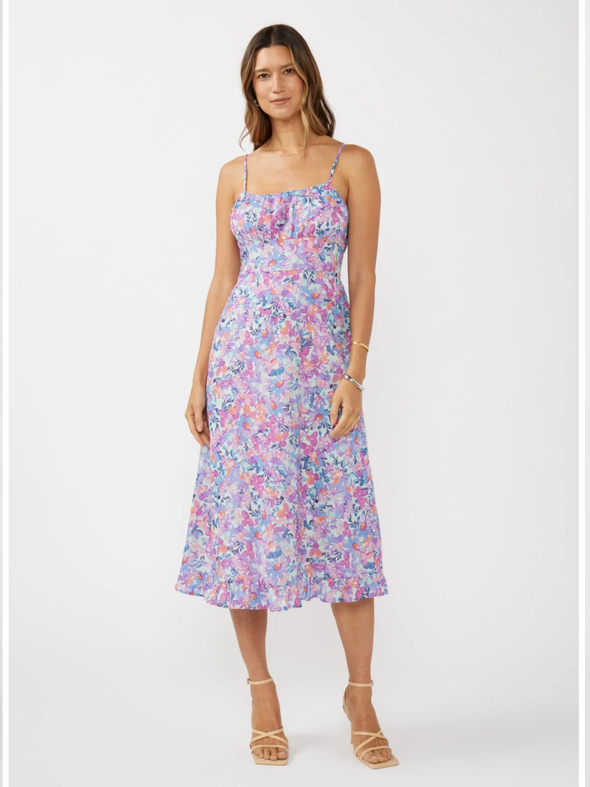 Spaghetti Strap Gathered Bust Midi Dress in Light Blue/Plum