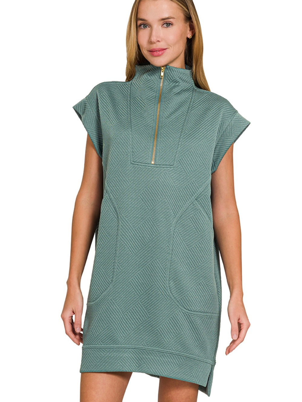Textured Knit Quarter Zipper Mini Dress Ash Jade