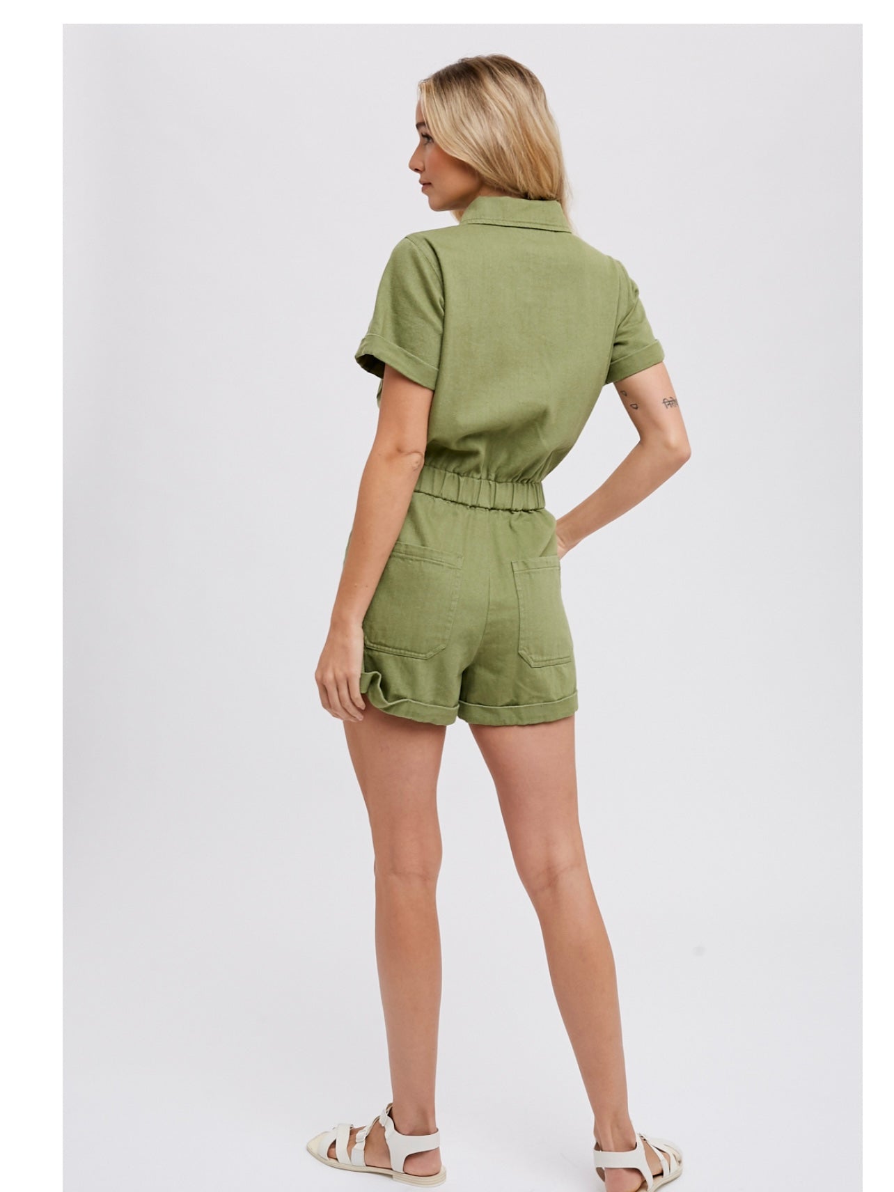Button Front Cotton Romper in Light Olive