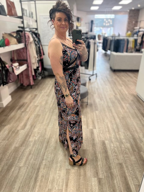Floral Spaghetti Strap Lace Trim Maxi Dress in Black/Light Blue