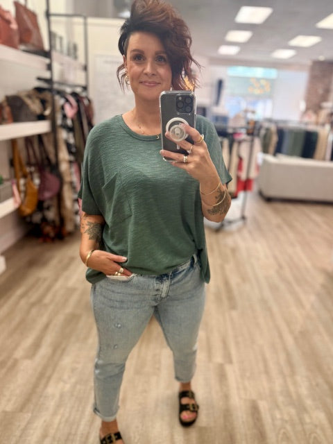 Oversized Slub Hacci Top With Pocket in Ash Jade