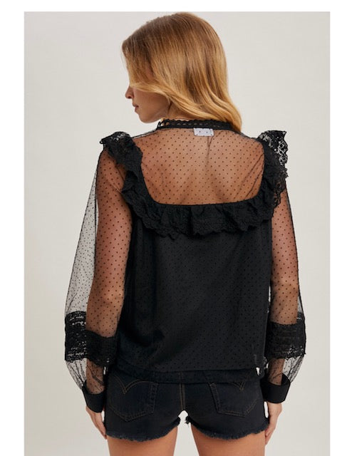Button Down Polka Dot Sheer Ruffled Blouse in Black