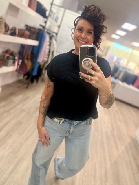 Mock Neck Short Sleeve Sweater in Black