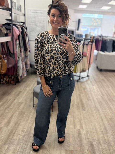Animal Print Puff Sleeve Button Down Shirt in Almond