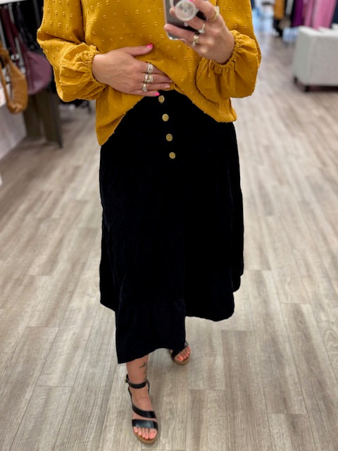 Boho Style Corduroy Midi Skirt in Black