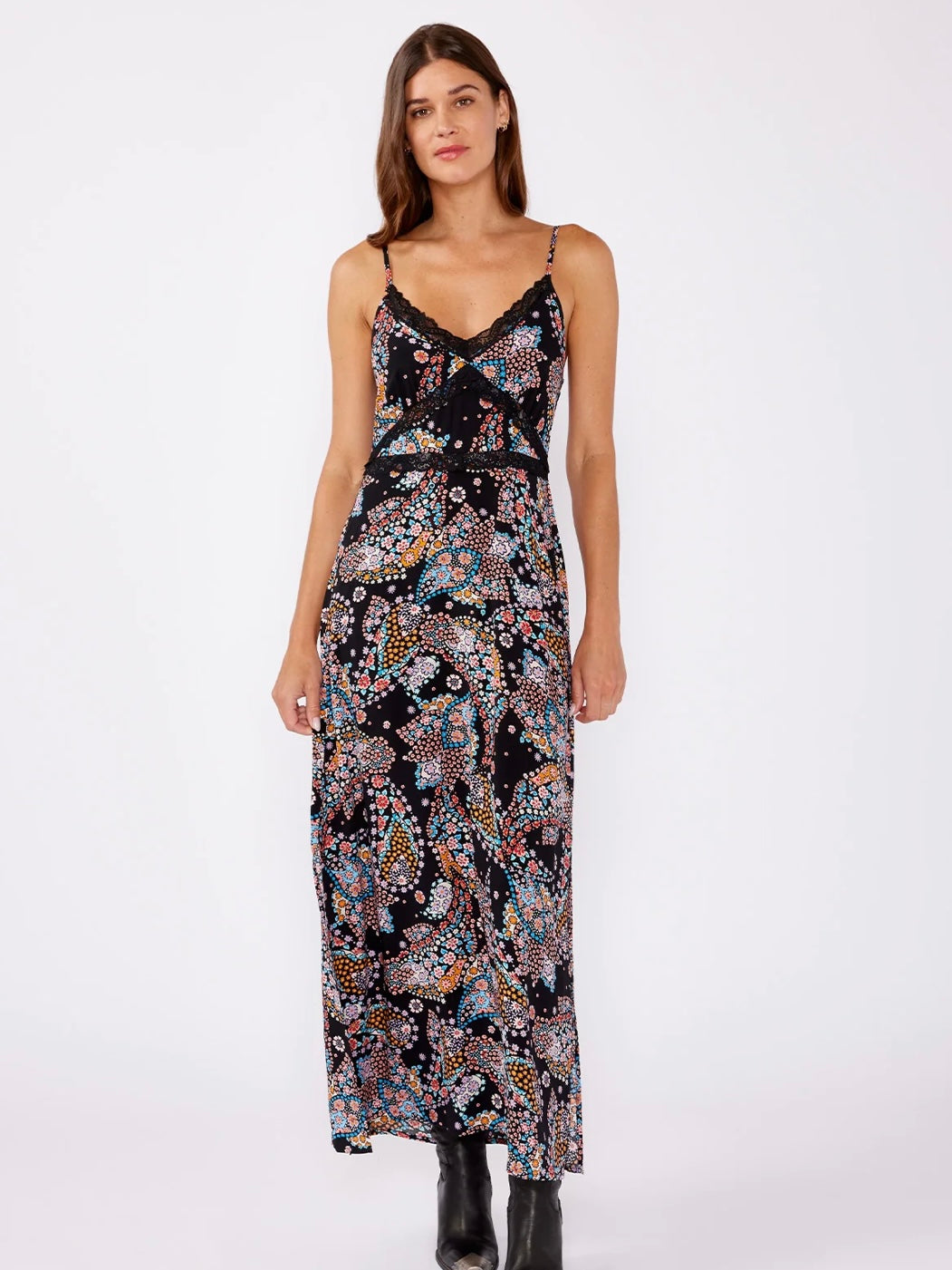 Floral Spaghetti Strap Lace Trim Maxi Dress in Black/Light Blue