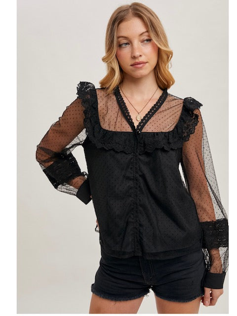 Button Down Polka Dot Sheer Ruffled Blouse in Black