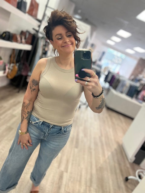 Ribbed Round Neck Tank Top in Light Mocha