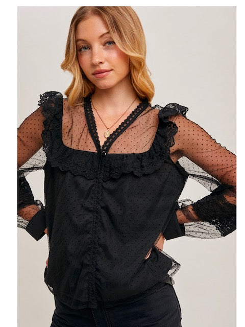 Button Down Polka Dot Sheer Ruffled Blouse in Black