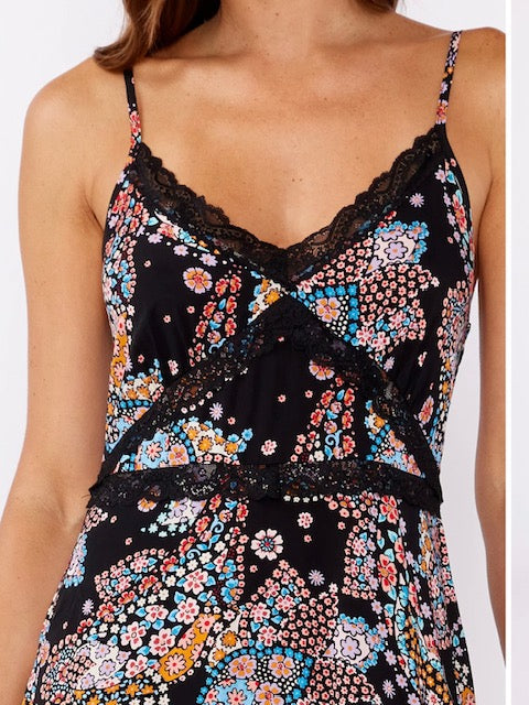 Floral Spaghetti Strap Lace Trim Maxi Dress in Black/Light Blue
