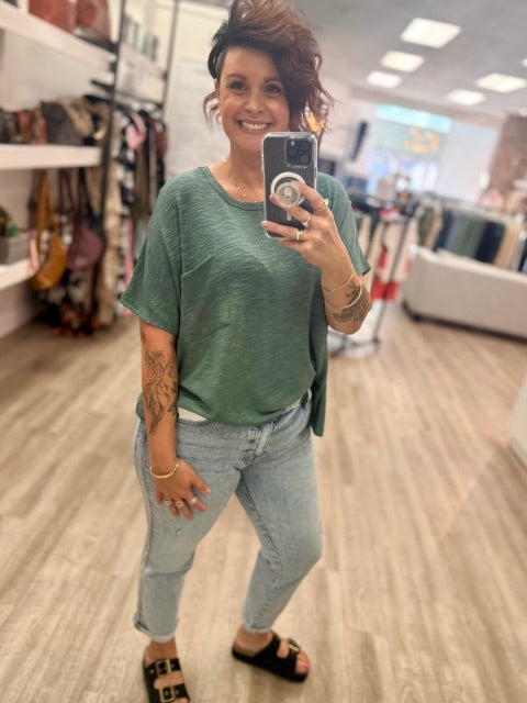 Oversized Slub Hacci Top With Pocket in Ash Jade