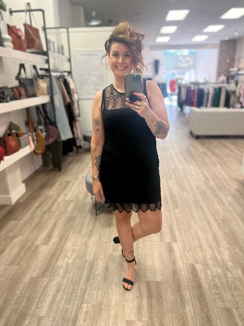 Black Lace Round Neck Tank Mini Dress