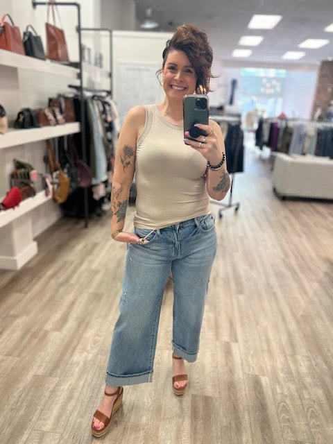 Ribbed Round Neck Tank Top in Light Mocha