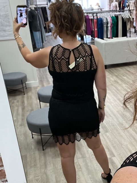 Black Lace Round Neck Tank Mini Dress